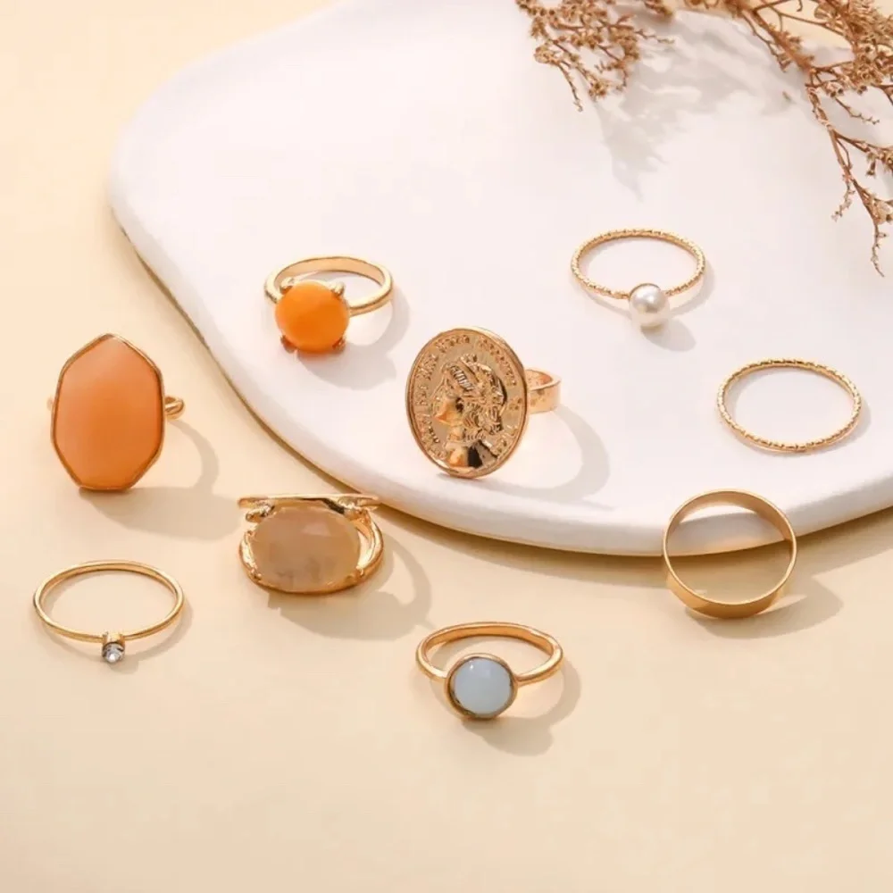 *MIKA* 9-Pc Gold x Multicolor Fashion Rhinestone Ring Set - Picture 1 of 3